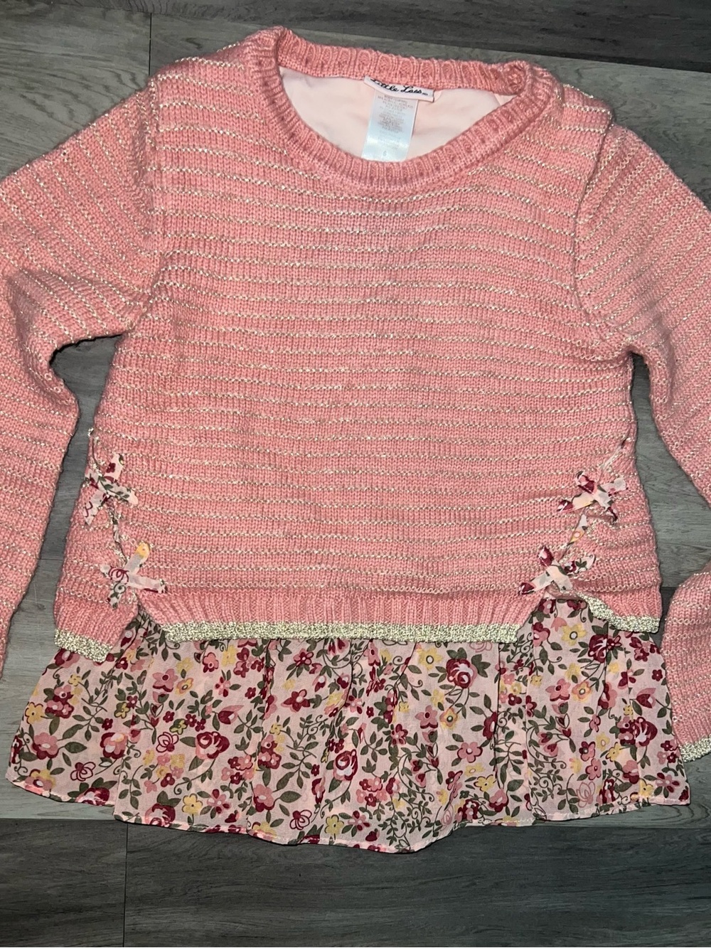 Little Lass Pink Knit Sweater with Floral Ruffle Hem